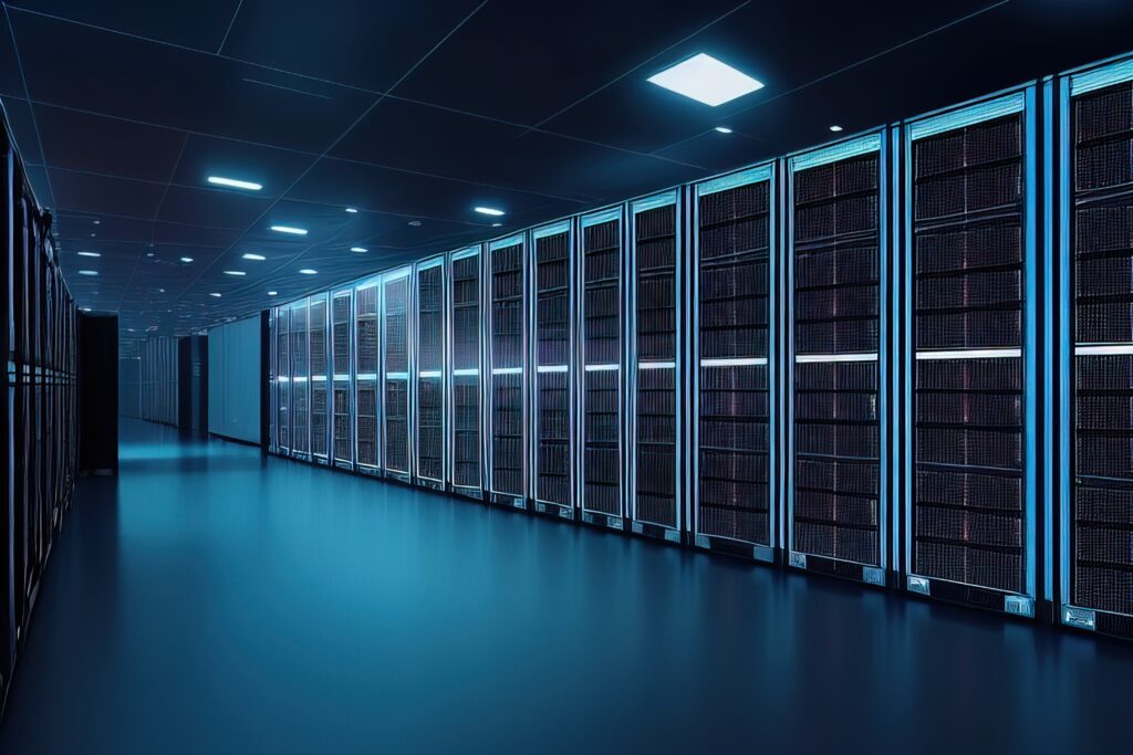 bastidores servidores centro datos sala servidores seguridad red informatica d render azul oscuro ai generativo