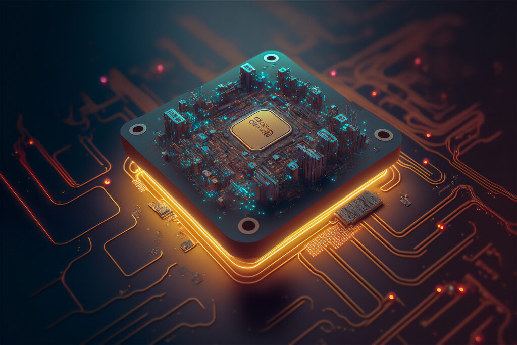 tecnologia primer plano placa base procesador computadora placa circuito microchip integrado luz neon